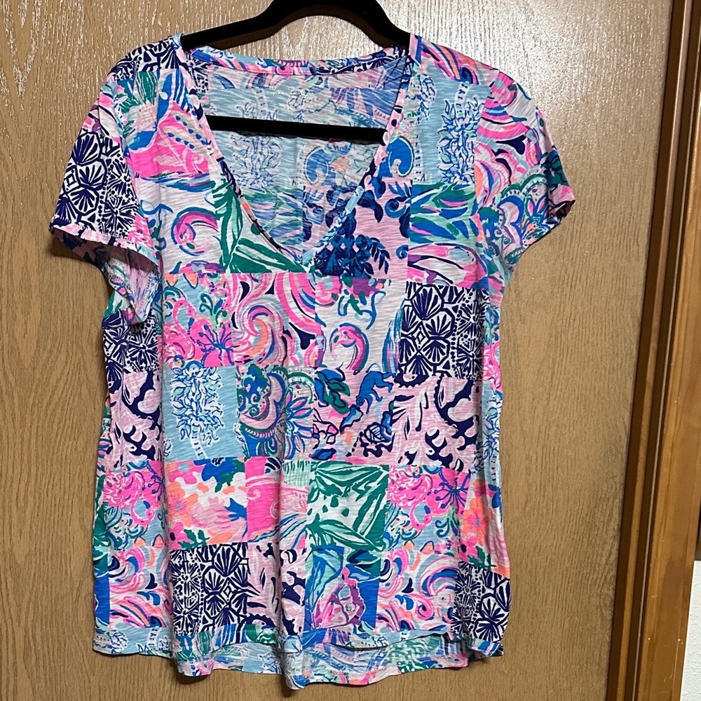 Lilly Pulitzer v neck Etta Pink and Blue Patchwork Blouse